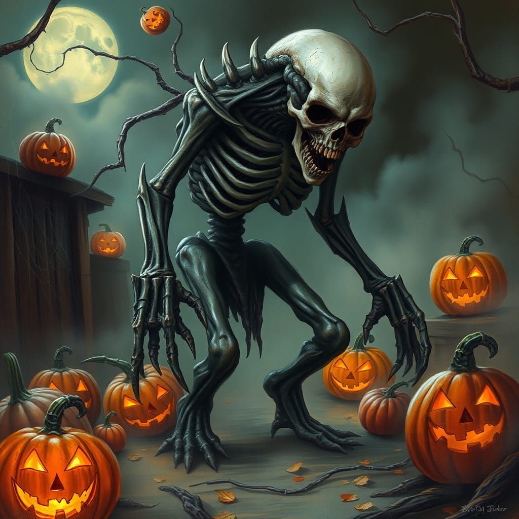 Spooky Undead Creature in Dark Surreal Halloween Scene