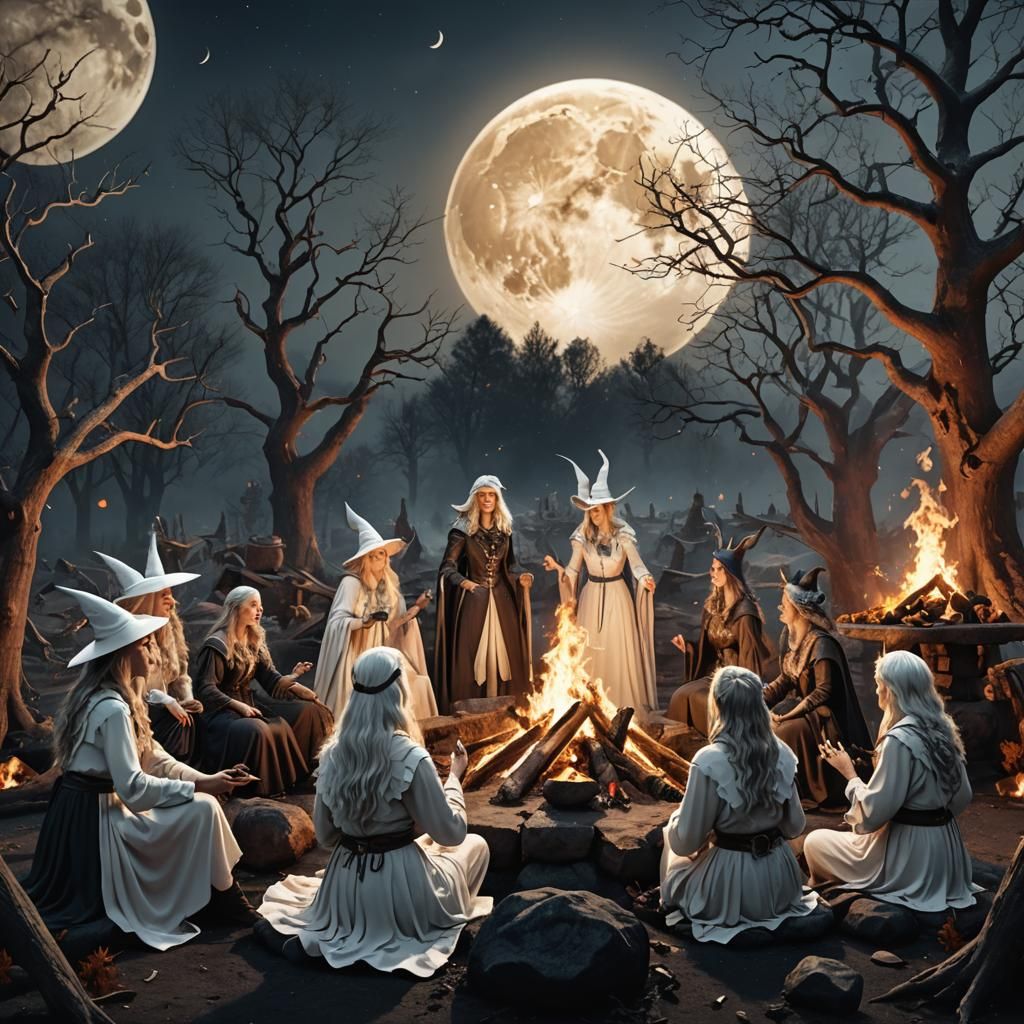 White Witches Under Full Moon Gather in Mystical Gathering