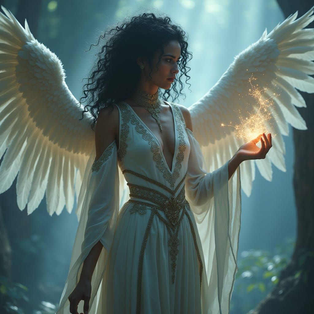 Mystical Sorceress Unfolds Majestic White Feathers