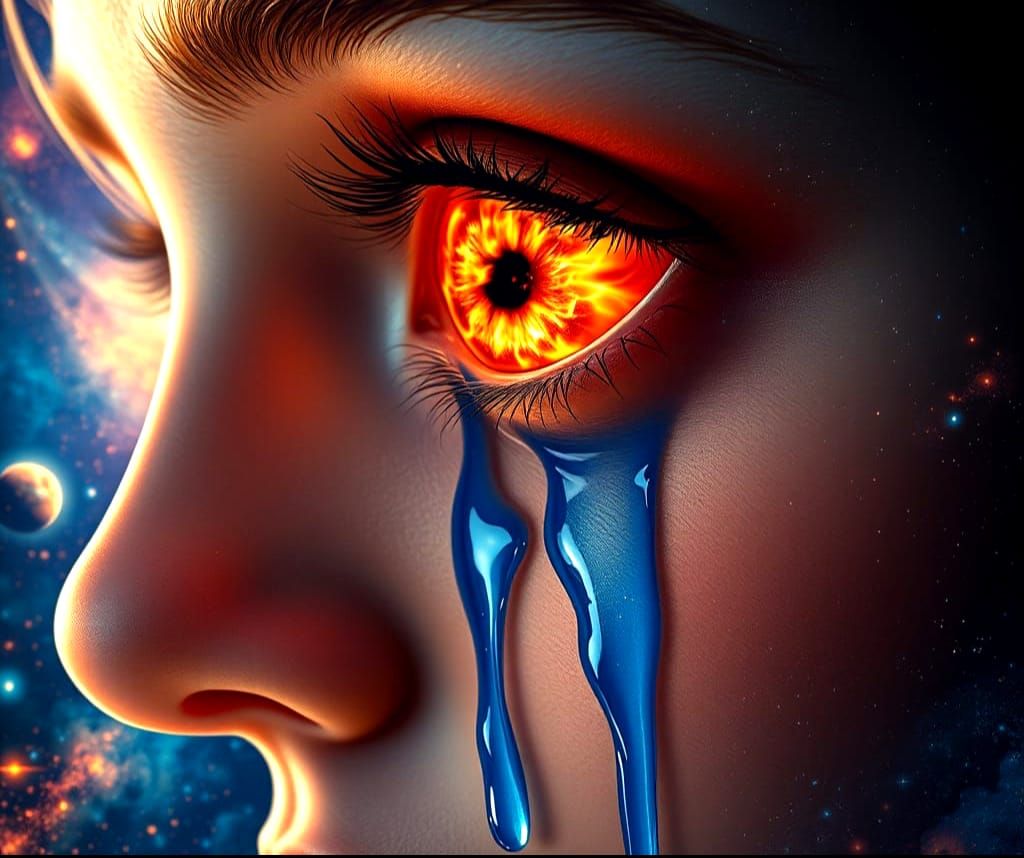 A Young Woman's Tear-Stained Eye Blazes with Celestial Fury