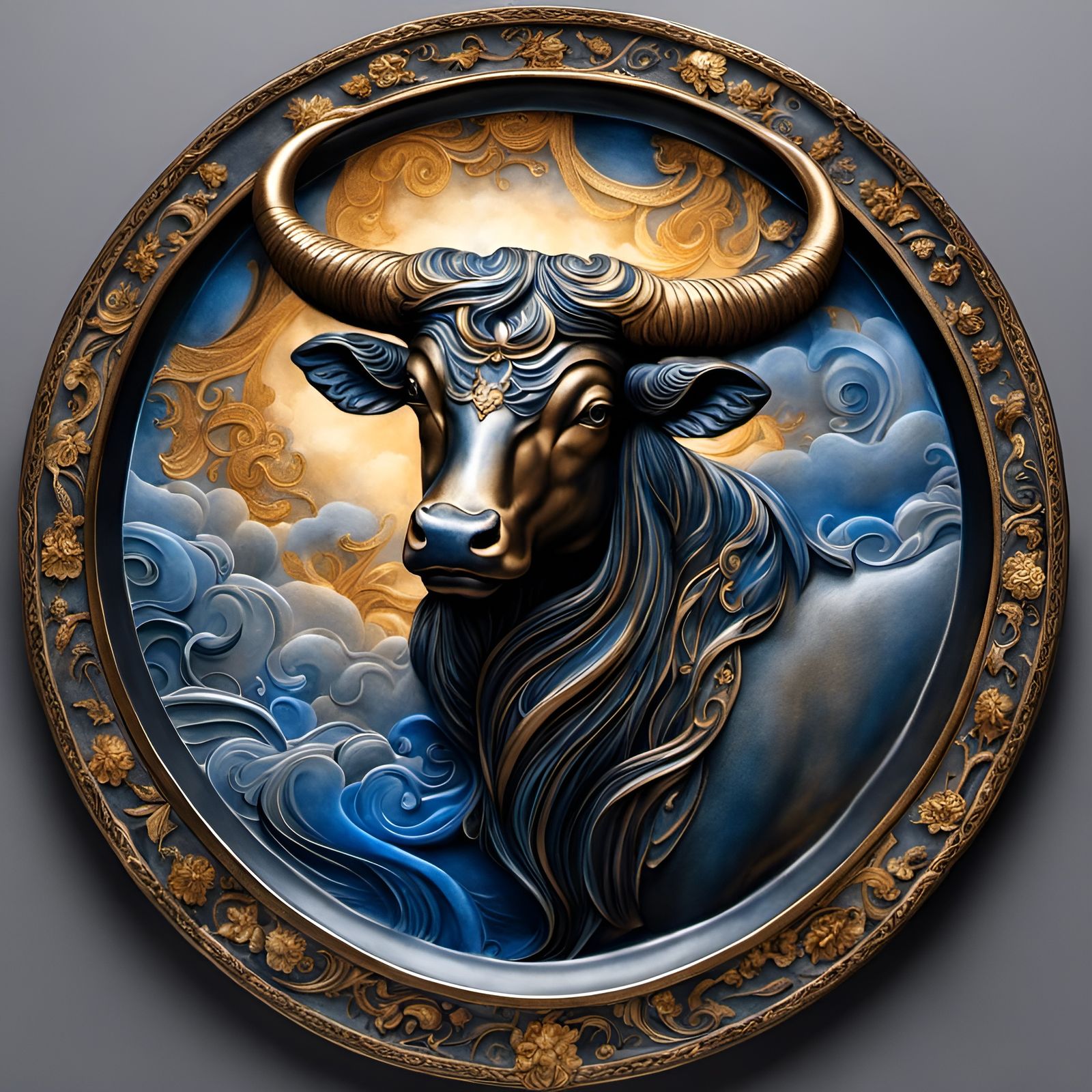 Taurus Zodiac Relief in Lavish Bronze on Dark Stone Wall