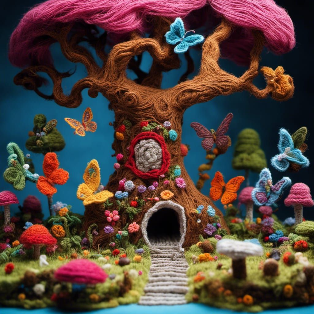 stumpwork crochet embroidery, enchanted forest wonderland..