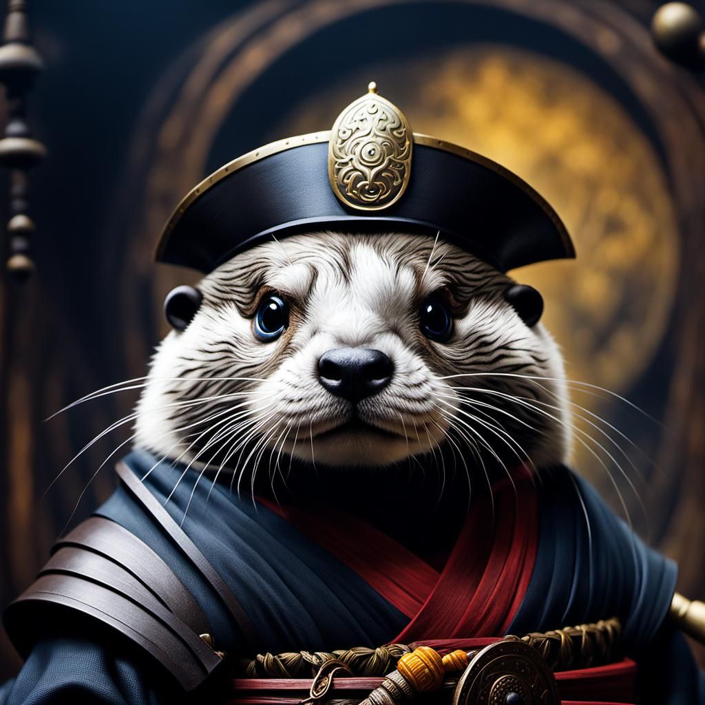 Cute Baby Otter Samurai in Dark Japanese Dungeon Microportra...