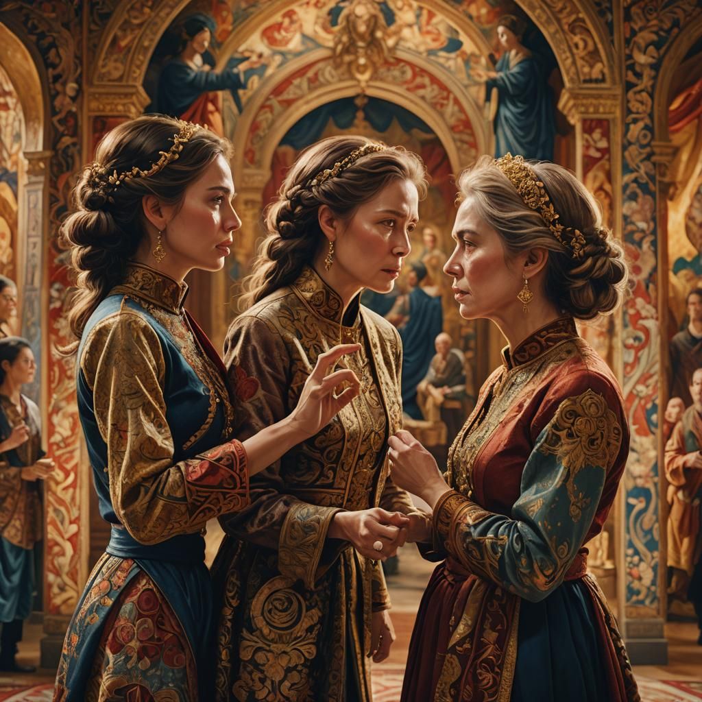 Two Angry Women in a Grand Tapestry Hall