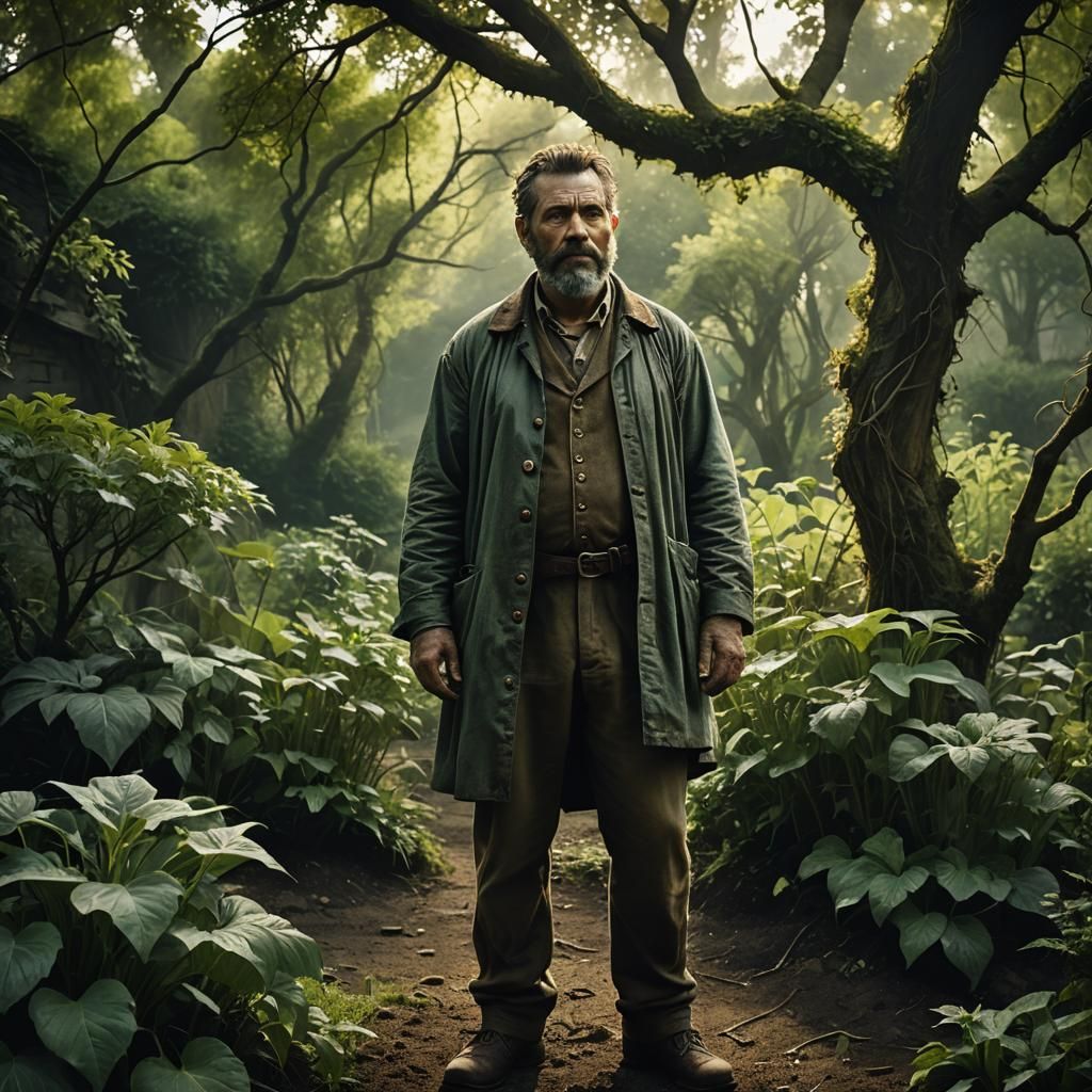 Gothic Groundskeeper in Weathered Landscape