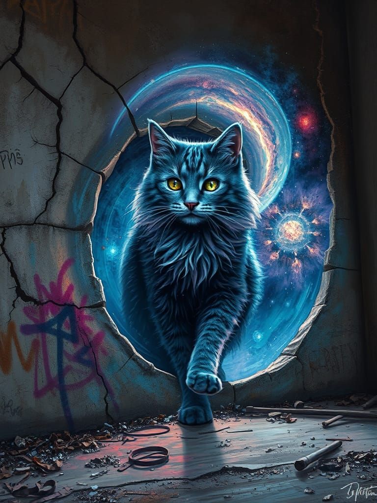 Ethereal Cat Emerges from Cosmic Portal in Abandoned, Gritty...