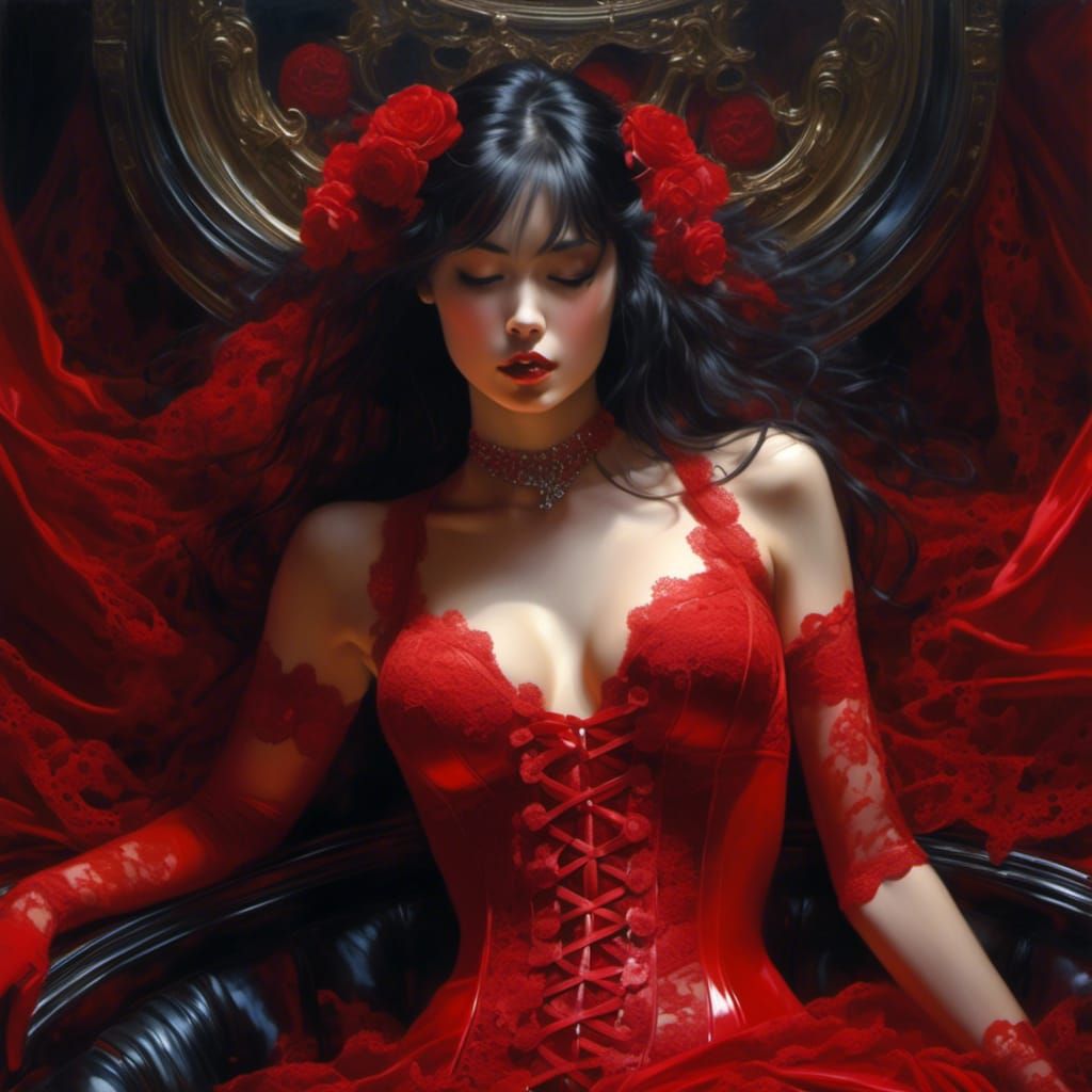 Surreal Gothic Beauty in Red Lace Latex