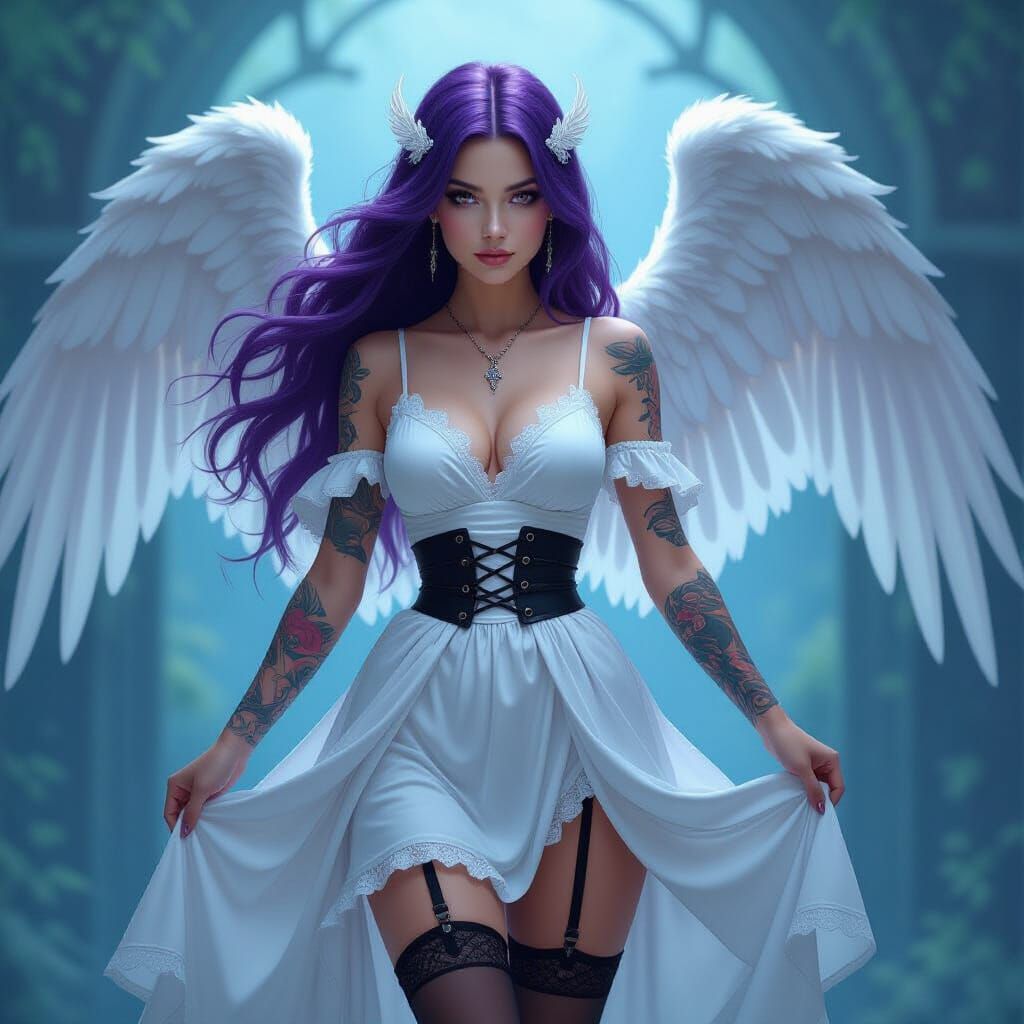 Cyberpunk Angel with Tattooed Arms and Purple Hair
