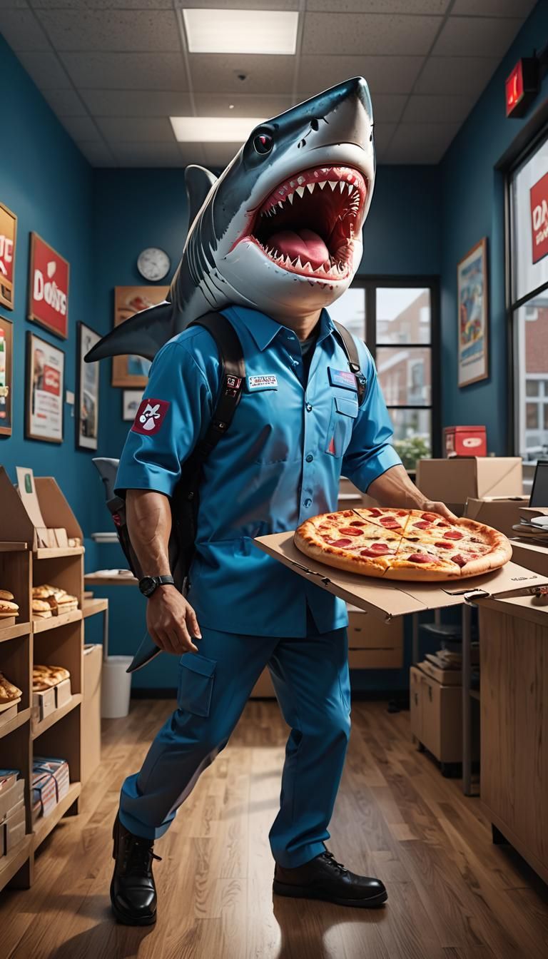 Landshark Pizza Delivery Shark carrying two x-large pizza bo...