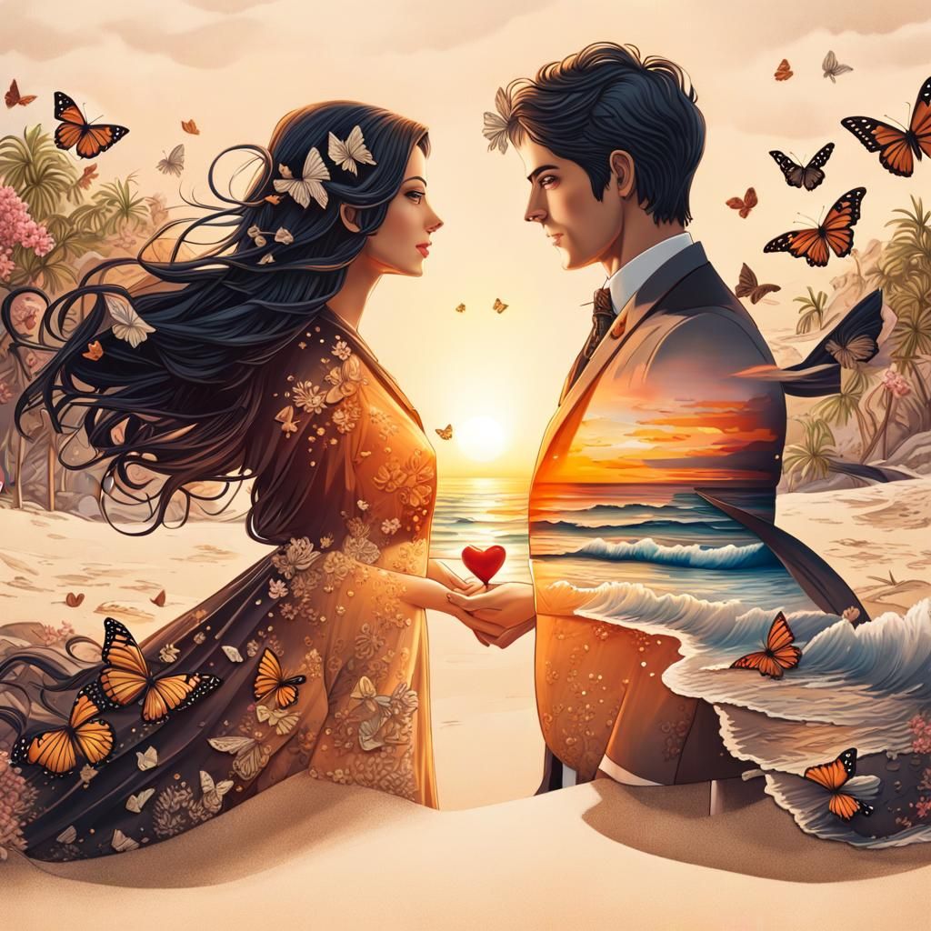 Chibi couple mail art ,dark hearts but full of love and happy, two parts in one art, double exposure, best quality, dar...