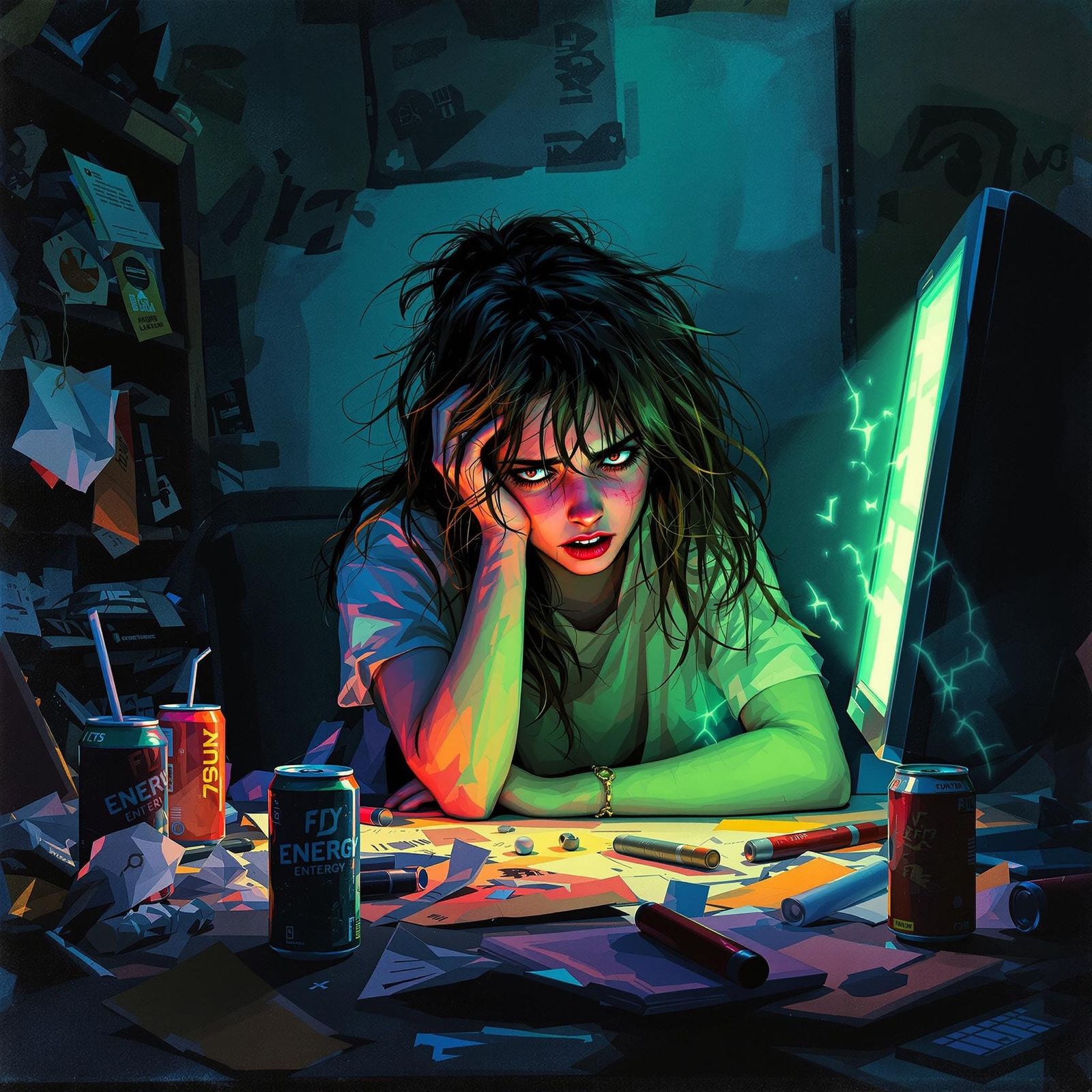 Distraught Young Woman Overwhelmed by Digital Chaos