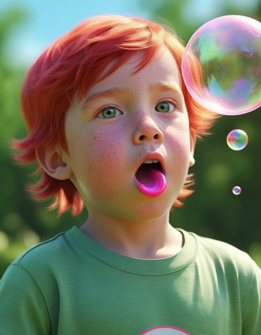 Happy Freckled Kid Blows a Vibrant Pink Bubble Gum Bubble