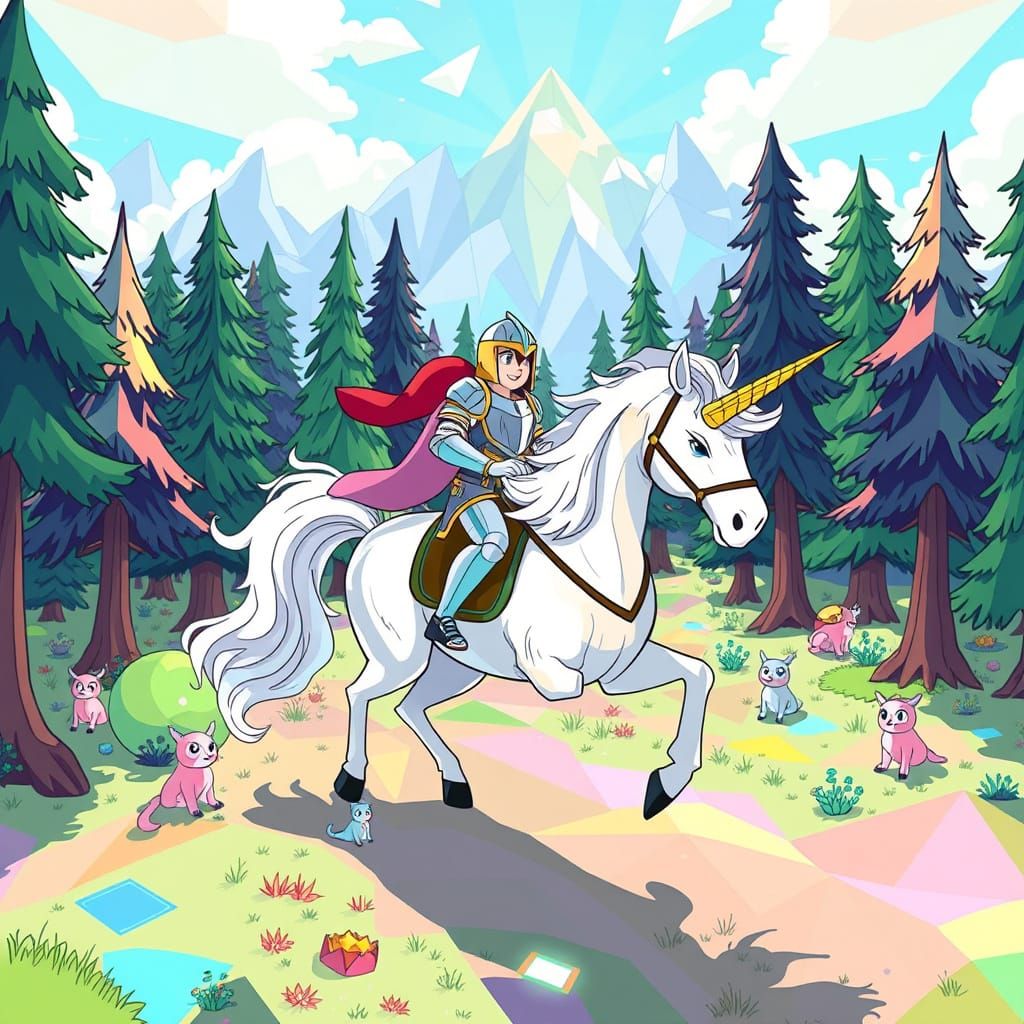 Knight on Unicorn in Kaleidoscopic Forest, Cartoon Style