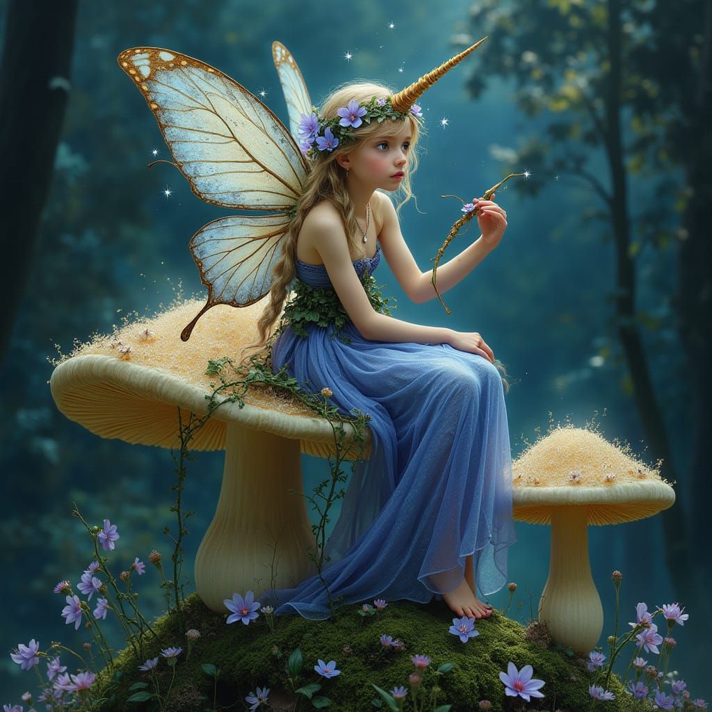 Enchanted Fairy on Mushroom in Art Nouveau Style