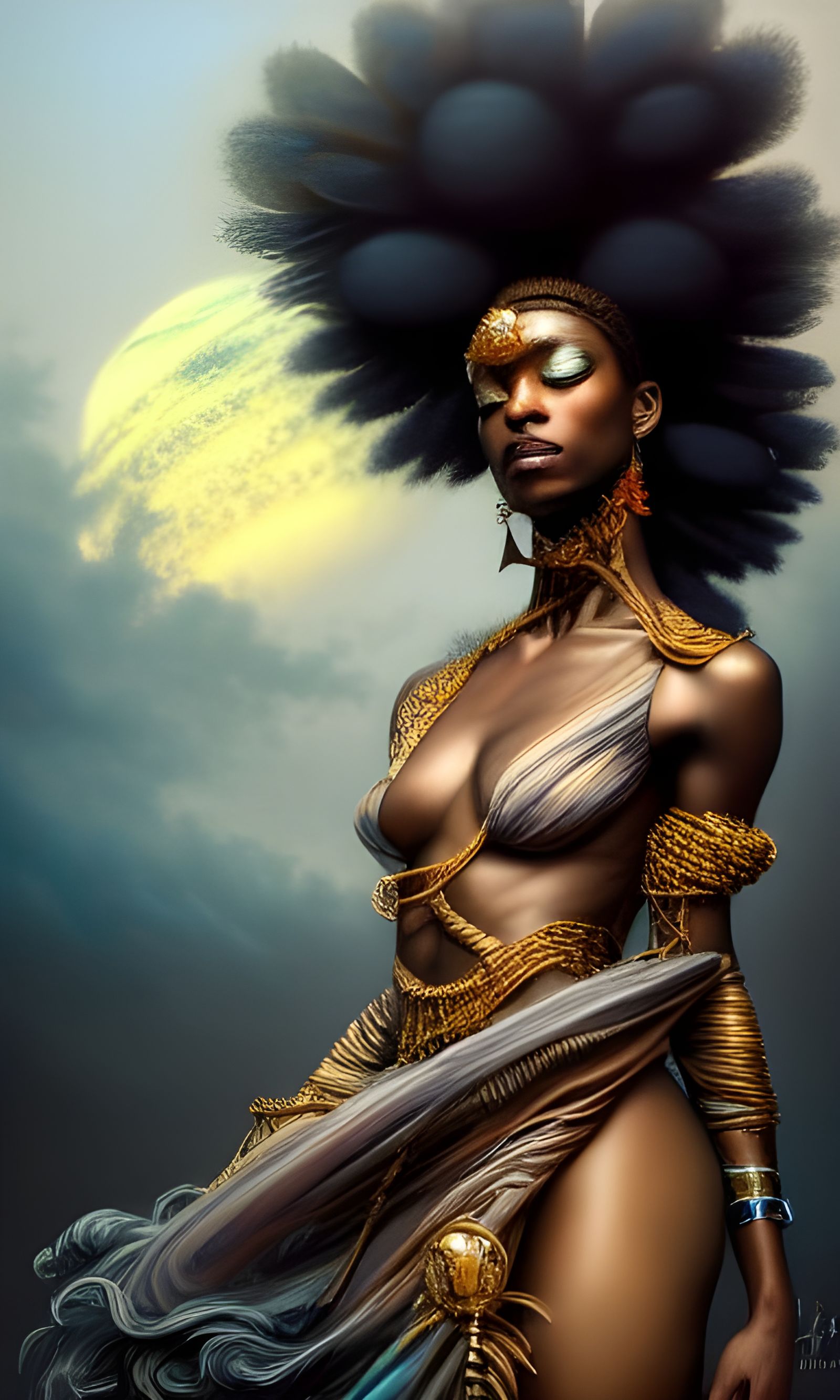 African Goddess in Regal Rococo Style with Intricate Afro De...