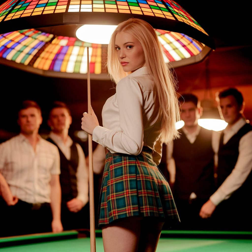 Blonde Pool Player in Dimly Lit Bar with Stained Glass