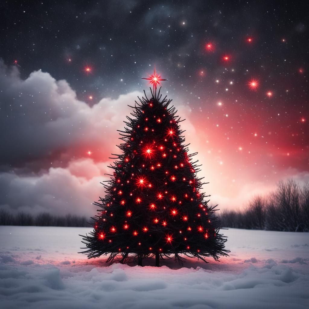 Celestial Christmas Tree Radiant in Snowy Night Sky