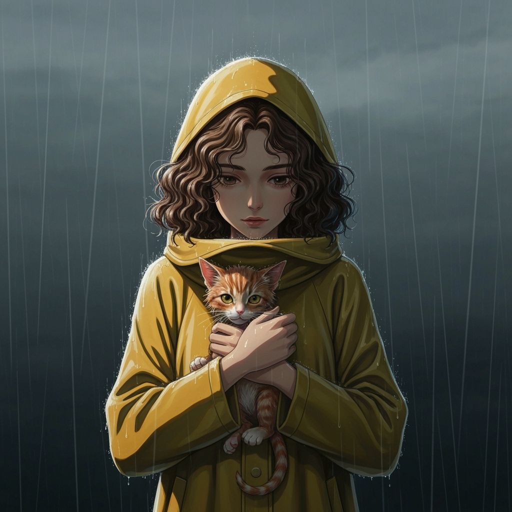 Girl Shelters Kitten in Rain, Studio Ghibli Style