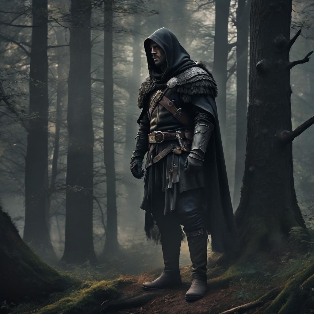 Medieval Ranger in Serene Forest Landscape