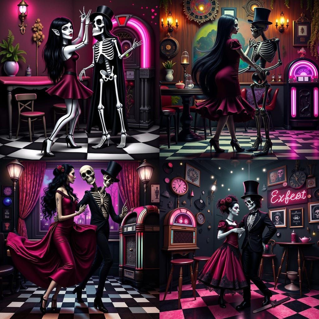 Gothic Girl Dancing with Skeleton in Surreal Cafe