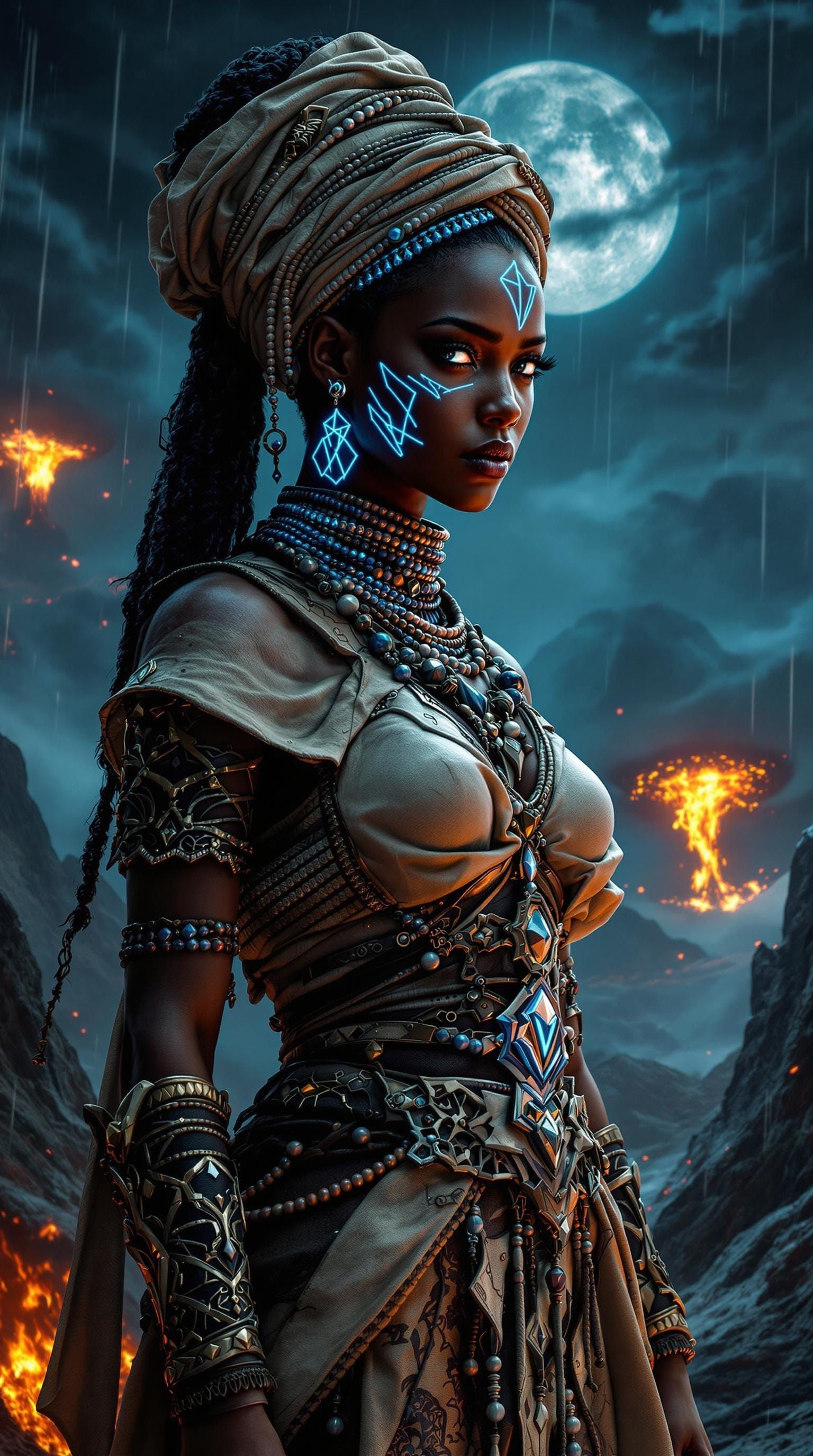 Nigerian Warrior Goddess Under Neon Night Sky