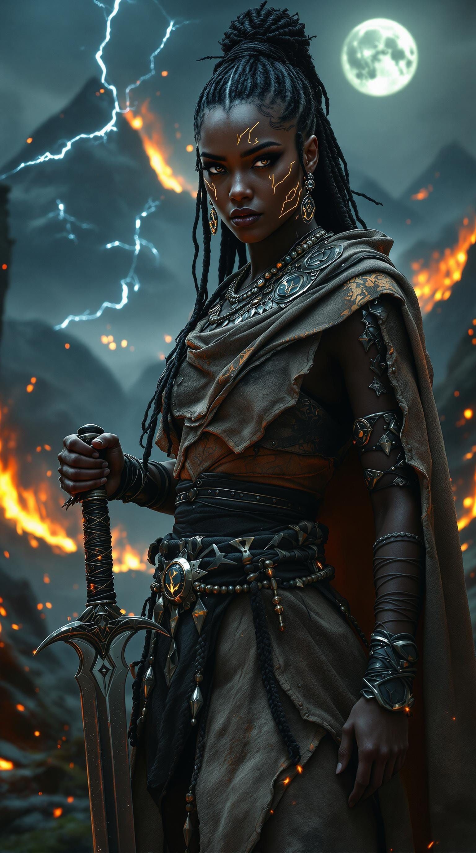 Savage Nigerian Warrior in Stormy Nighttime Landscape as Con...