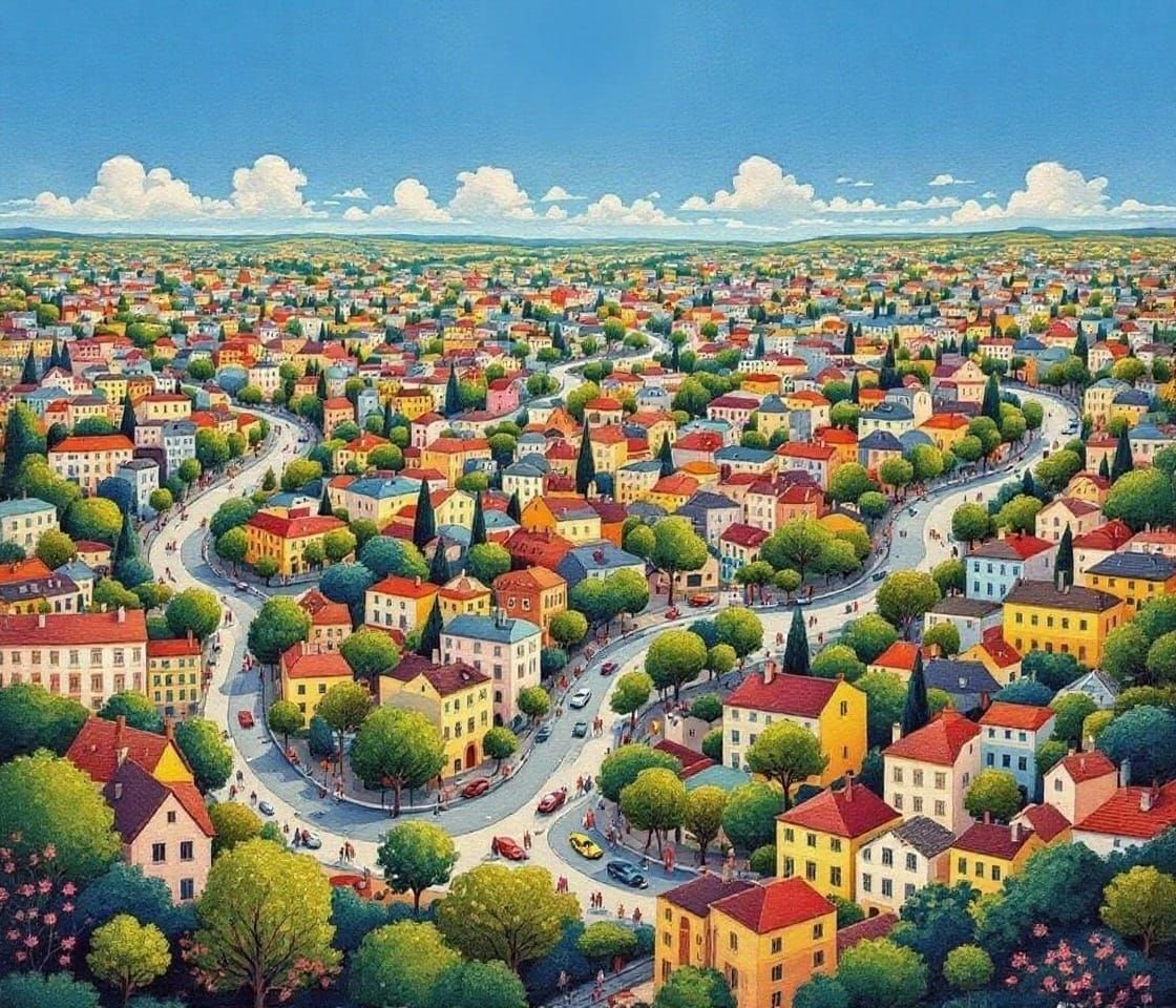 Bird's Eye View of a Sprawling City in Paul Klee Style