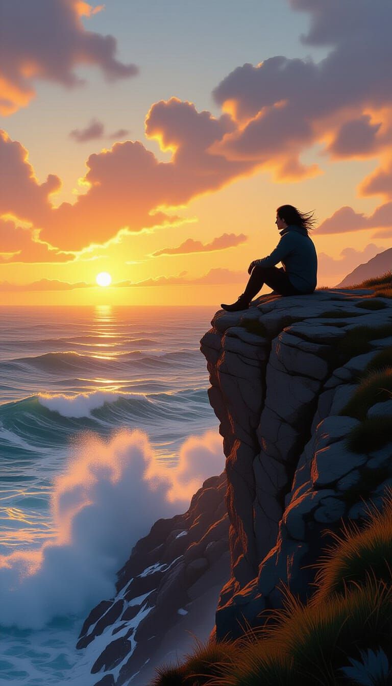Contemplative Figure at Sunset on Cliff, Cinematic Style