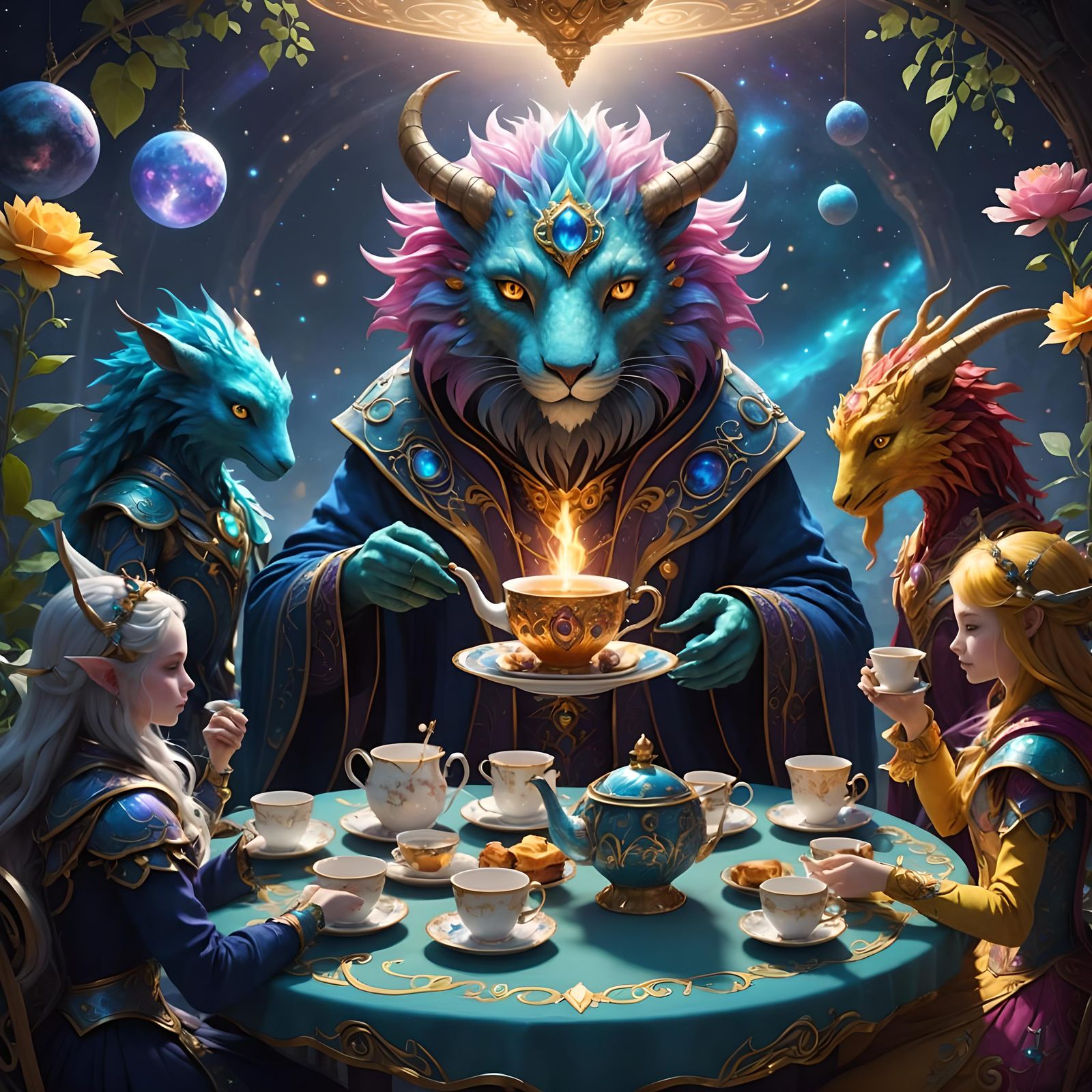Dreamy, Colorful Cosmic Creature at Whimsical Tea Party
