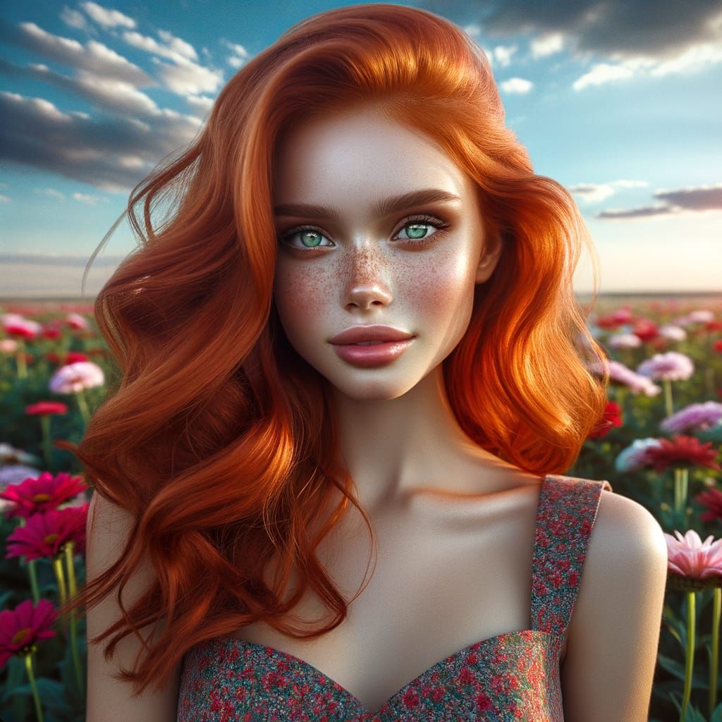 Ethereal Redhead Emerges from Floral Wonderland