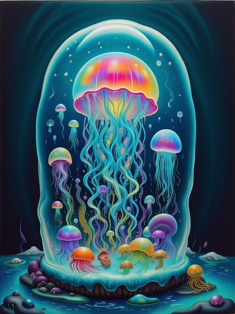 Surreal Scene of Translucent Jellyfish in an Unrealistic Win...