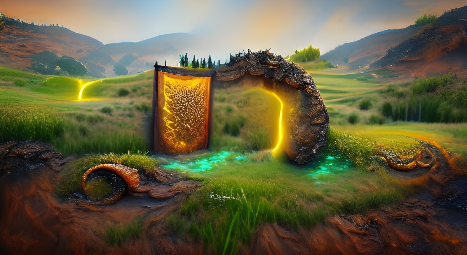 Majestic Copper Dragon Portal in Vibrant Hillside Landscape
