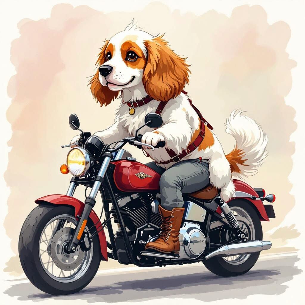 Cocker Spaniel Motorcycle Rider in Watercolor Style