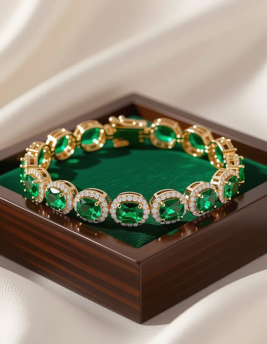 Regal Lady Wearing Emerald and Diamond Bracelet