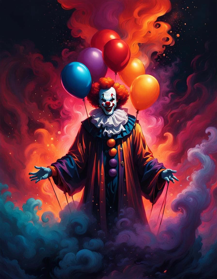 Ethereal Nighttime Clown Amidst Swirling Smoke