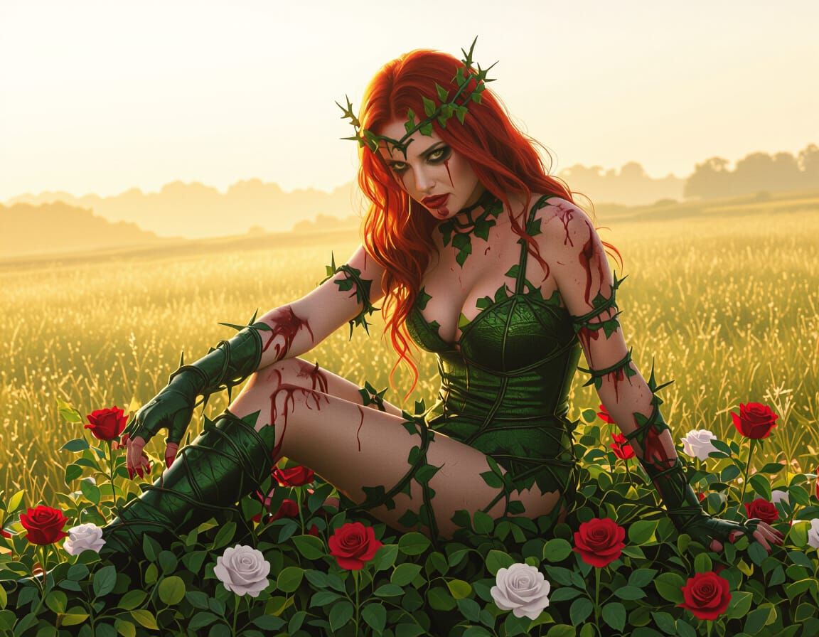 Poison Ivy Bleeds Amidst Thorns and Roses in Horror Style