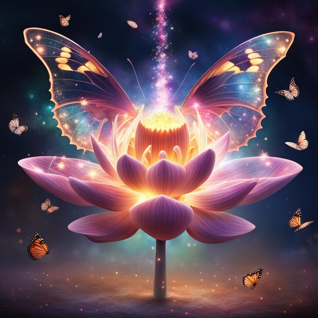 Cosmic Lotus Unfurls into Radiant Winged Beings in a Cyberpu...