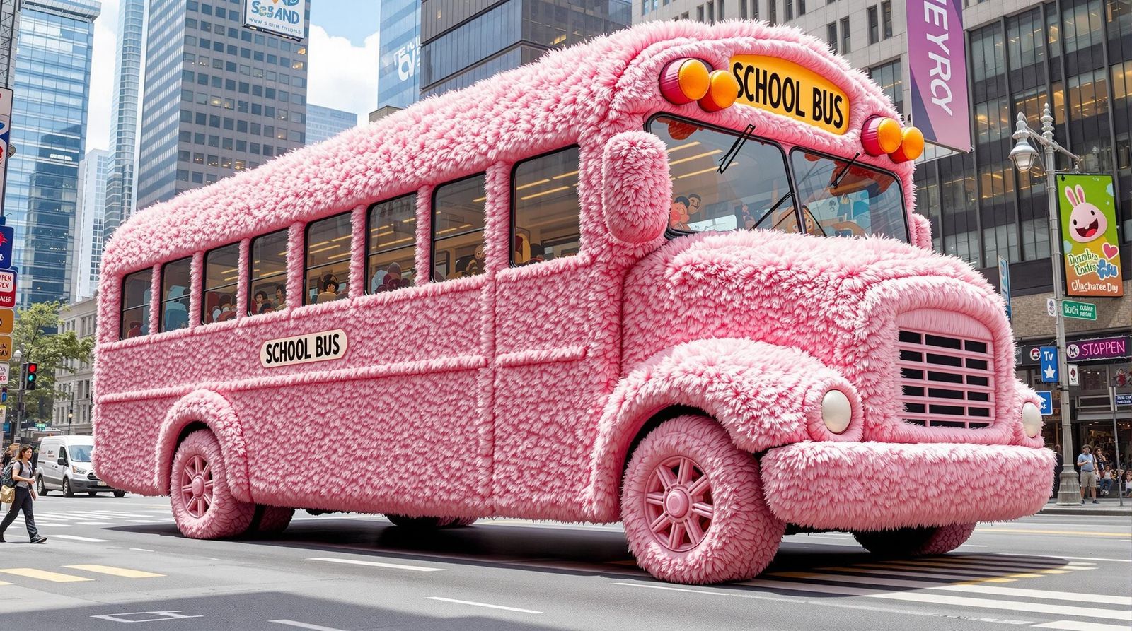 Cozy Pink School Bus Cruises Through City Streets