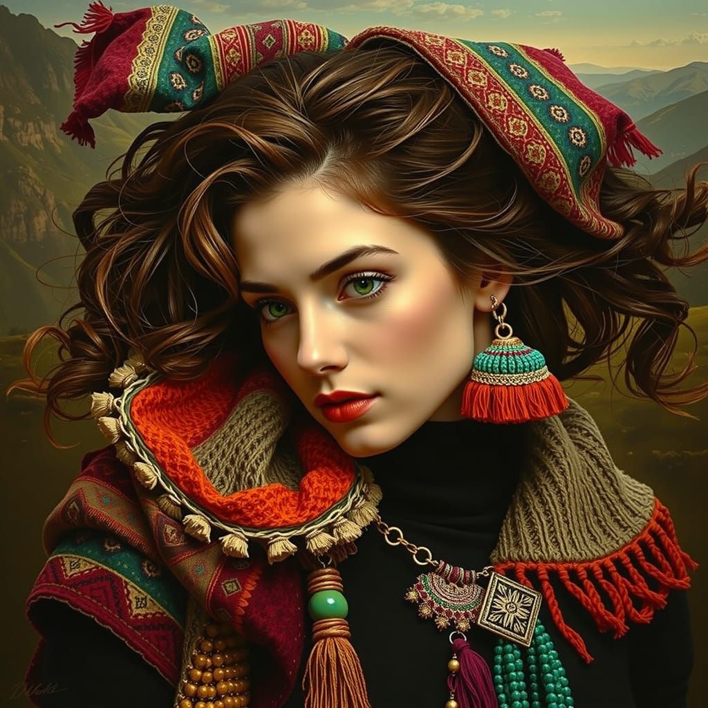 Hyperrealistic Portrait of a Woman in a Dramatic Landscape