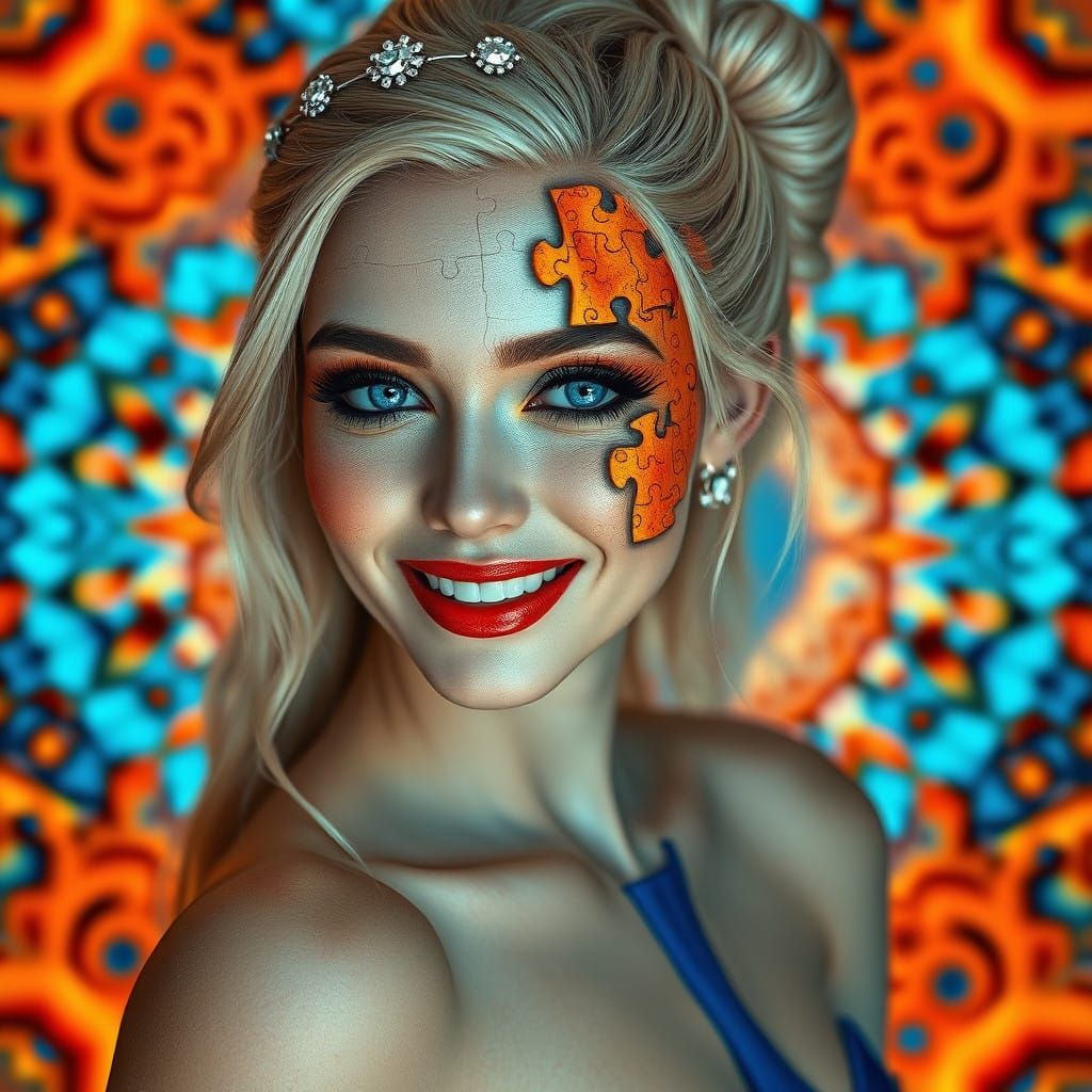 Ethereal Gothic Beauty with Vibrant Makeup and Intricate Puz...