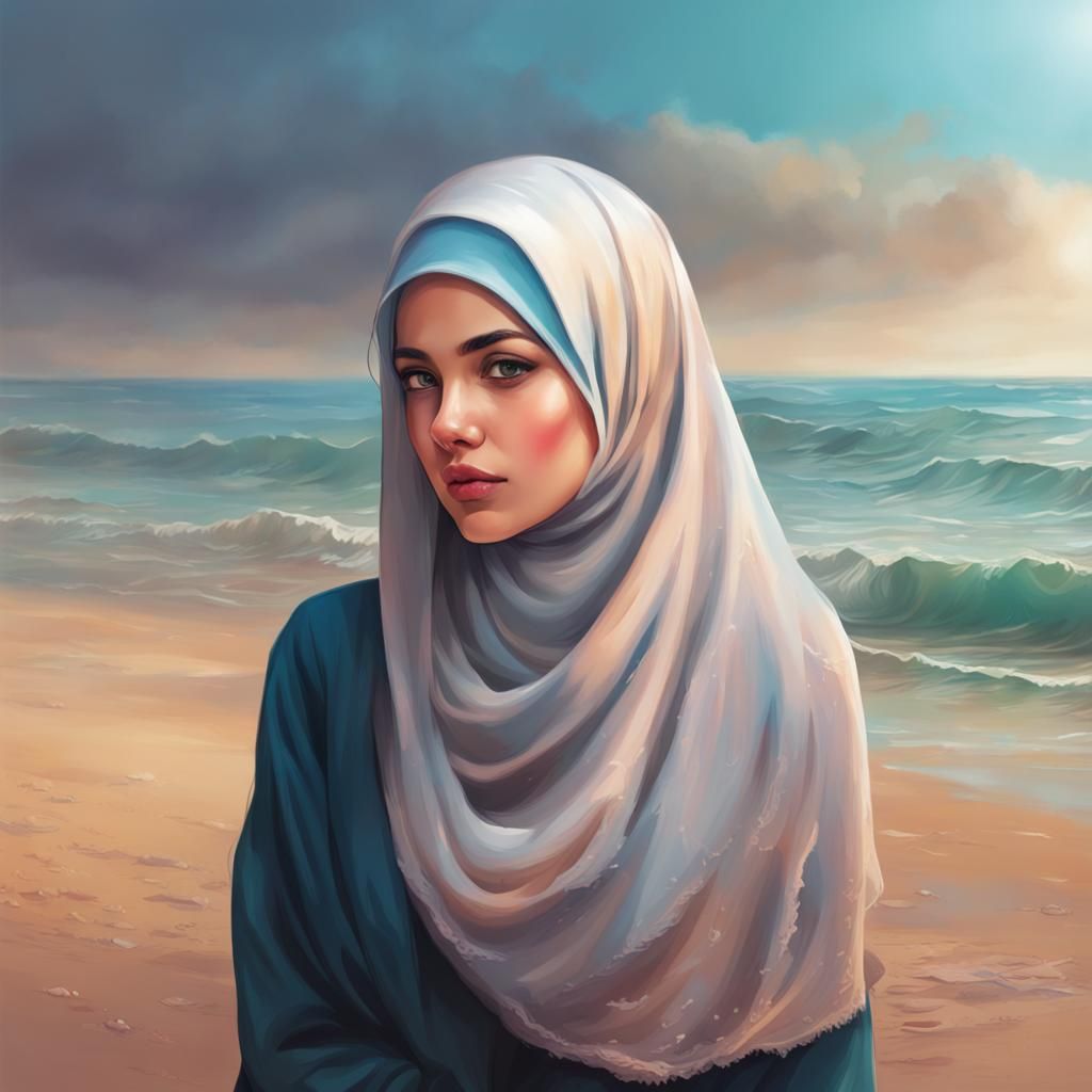Modest Beach Goddess in Hyperrealistic Style