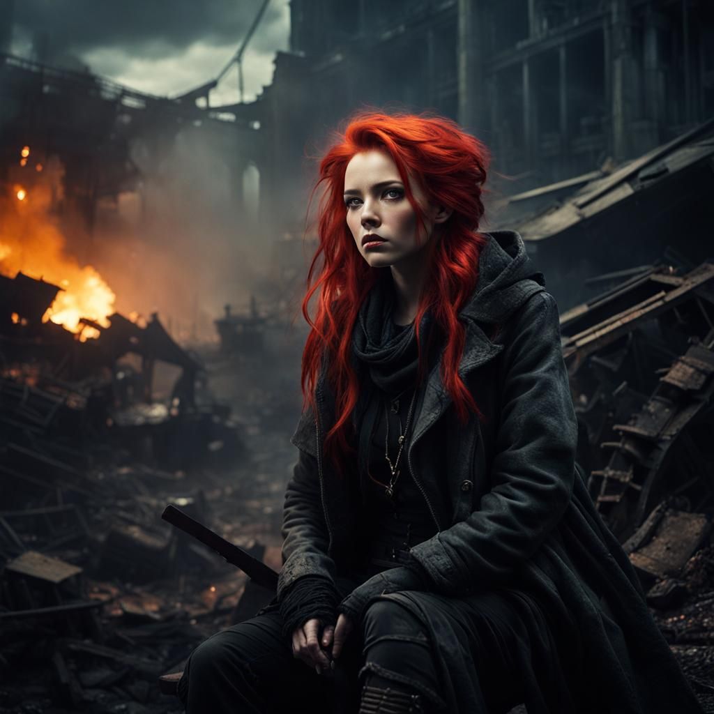 Gothic Redhead Girl Amidst Post-Apocalyptic Ruins in Epic Ci...