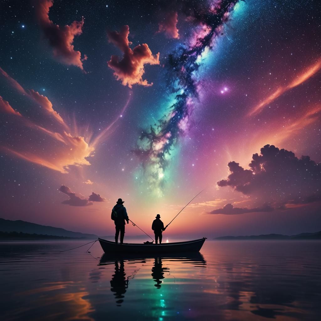 Father and Son under Vibrant Galaxy Skies