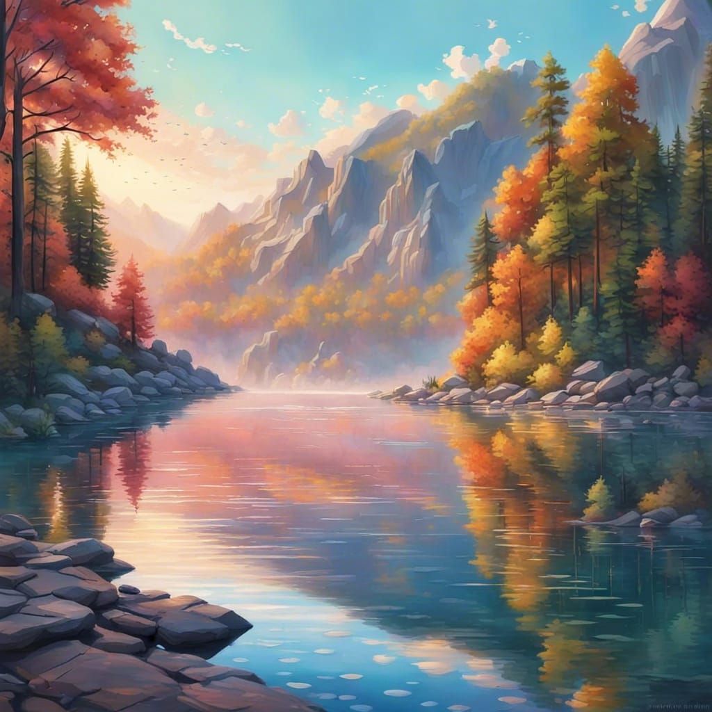 Lakeside Scene in Whimsical Art Deco Style