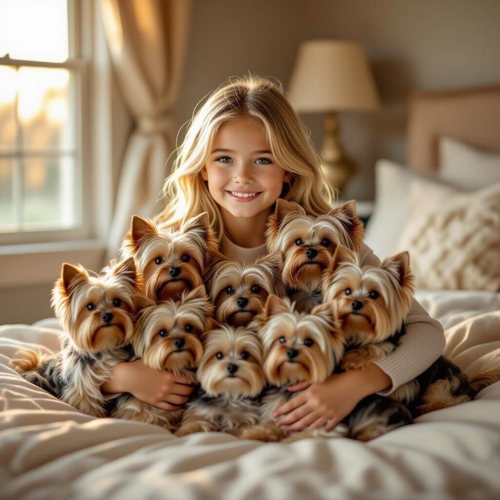 Girl with Nine Yorkshire Terriers in Soft Golden Hour Light