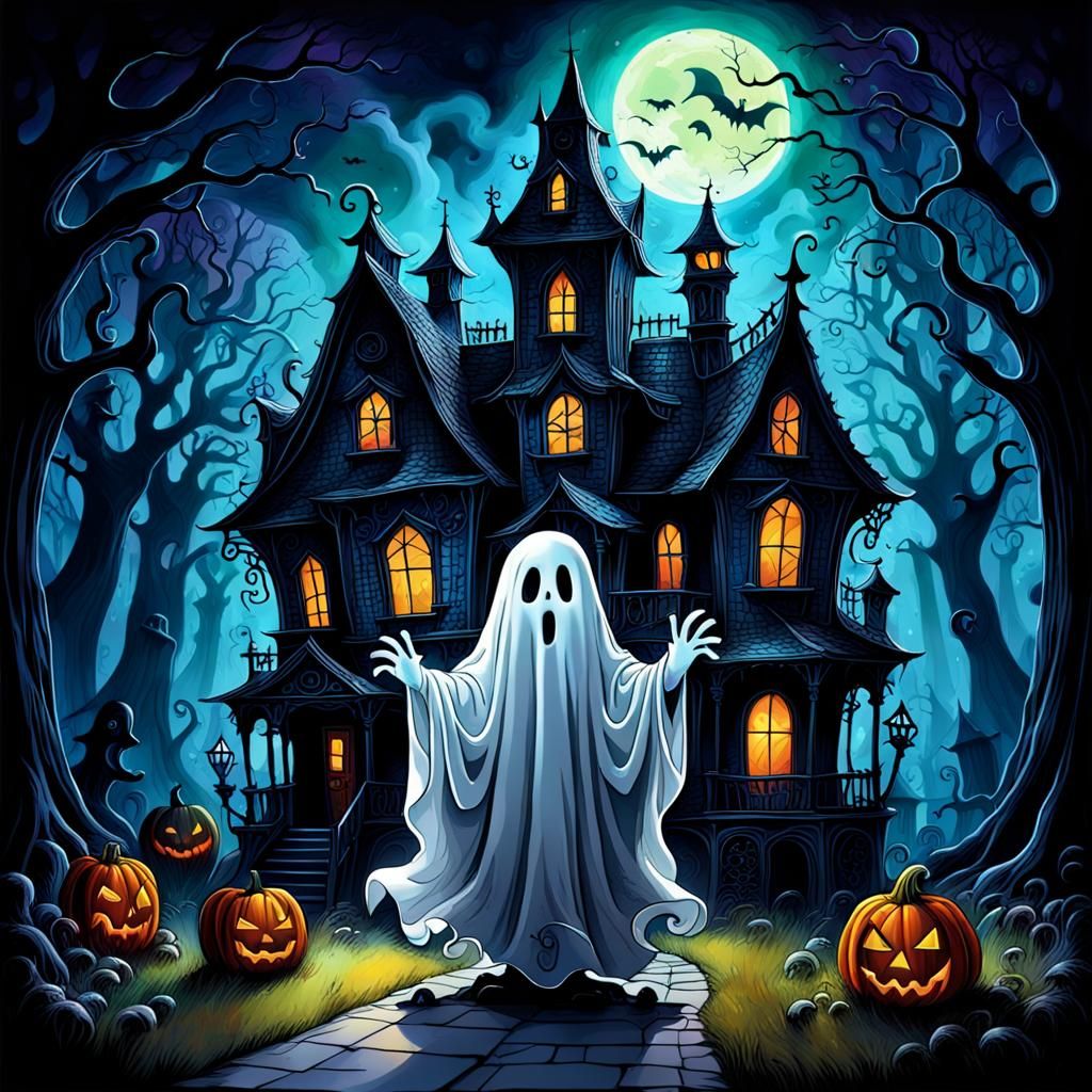 Cute Ghost in a Haunted Gothic Mansion