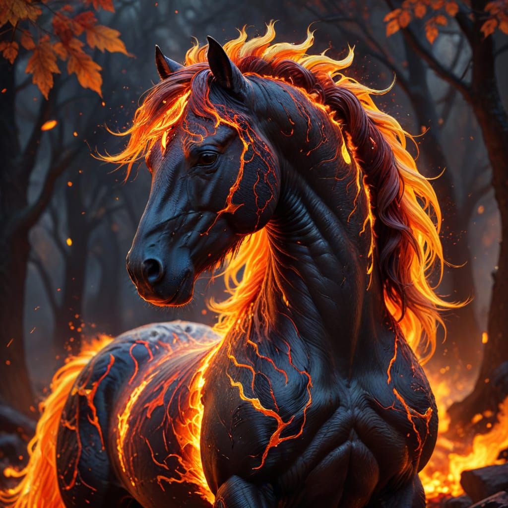 Molten Lava Fire Horse in Autumn Landscape