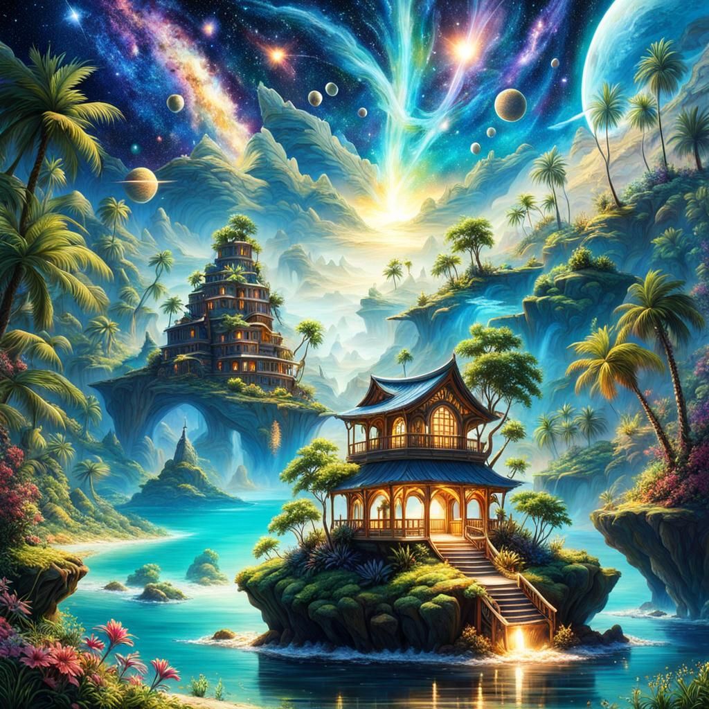 Glowing Island Oasis Unfolds Under Cosmic Skies