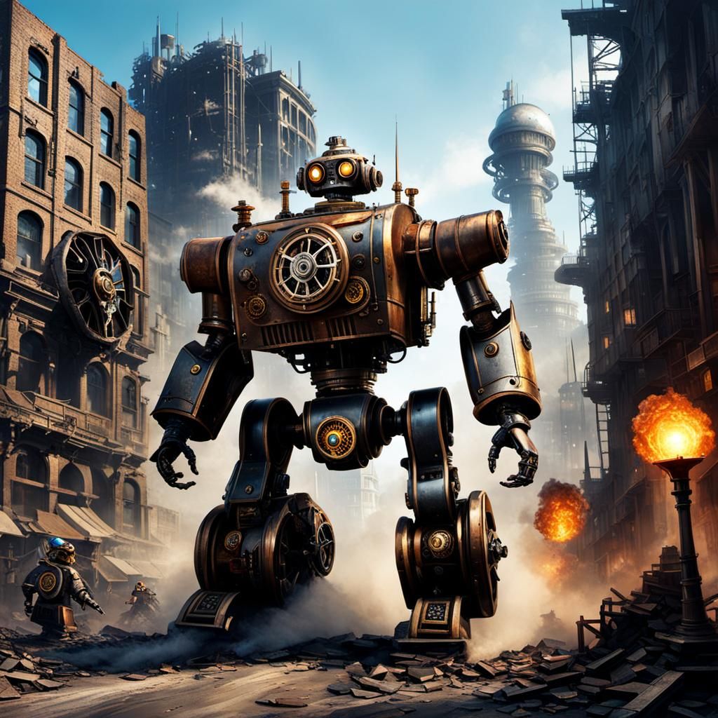Steampunk Robot Speeds Through a Wrecked Metropolis