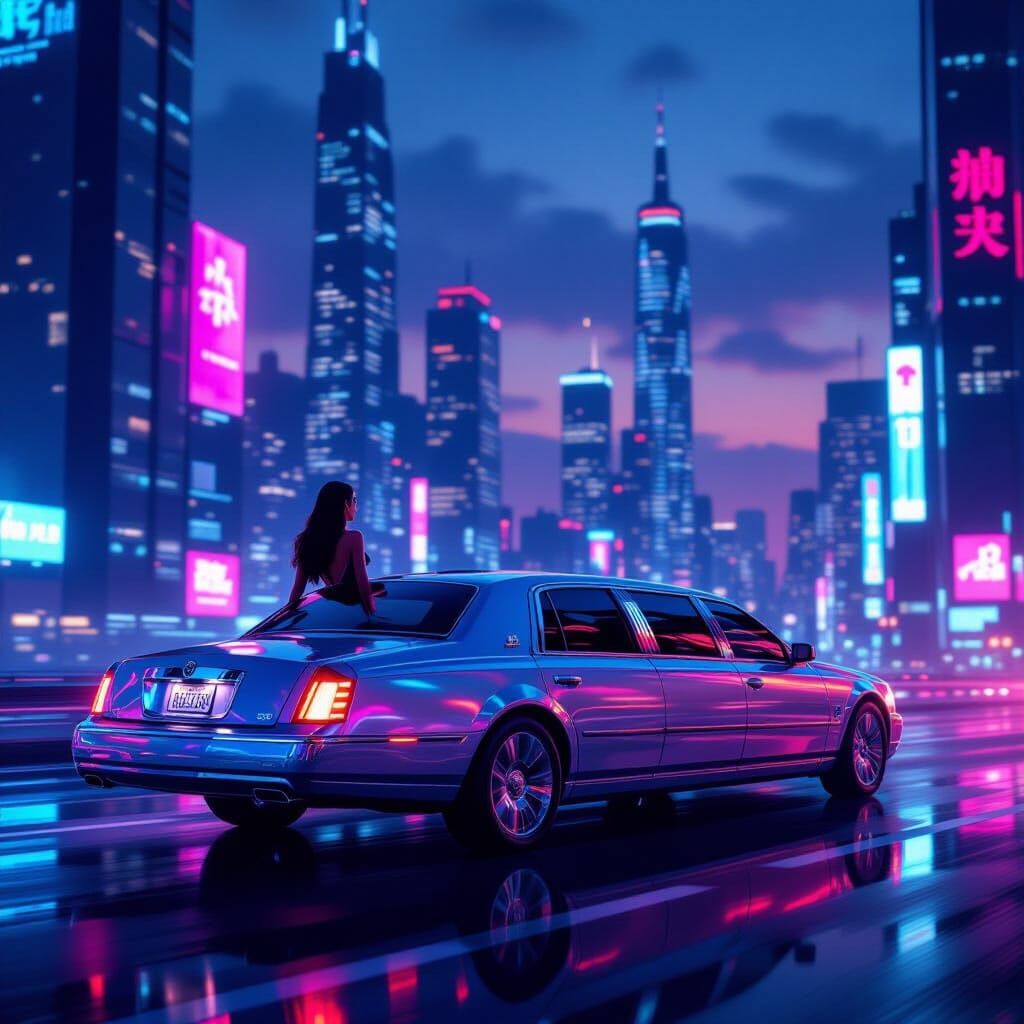 Futuristic Limousine in Neon Metropolis Twilight